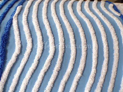 Gentle Waves Vintage Chenille Quilt Fabric, 26" x 16.5" Piece, 100% Cotton White Tufting on Blue