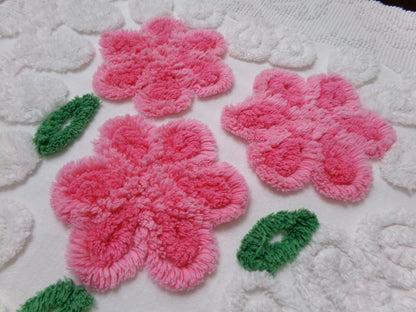 Pink White Floral Vintage Chenille Bedspread Fabric Sewing & Quilt Material 20" x 26"