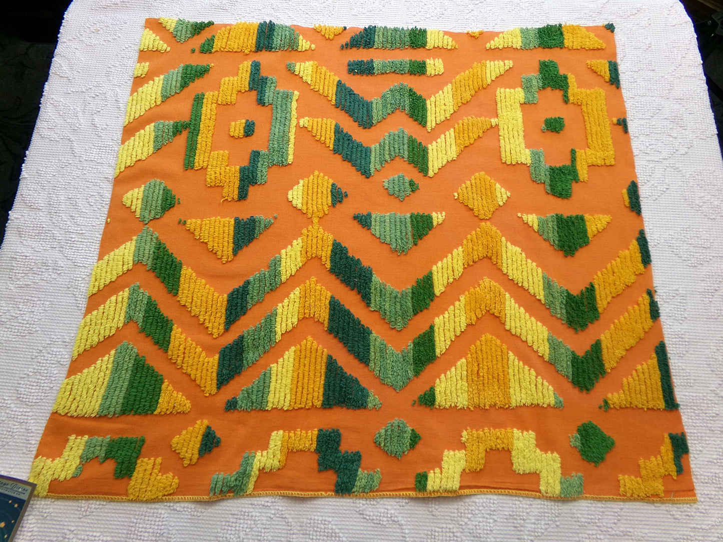 ethnic boho Southwestern vintage chenille fabric, vivid Aztec design, 20" x 24" piece of orange cotton sewing material for pillows, quilts