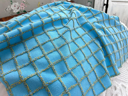 Sporty Squares Vintage Chenille Bedspread Fabric, Aqua Gold Windowpane Grid 19x23"