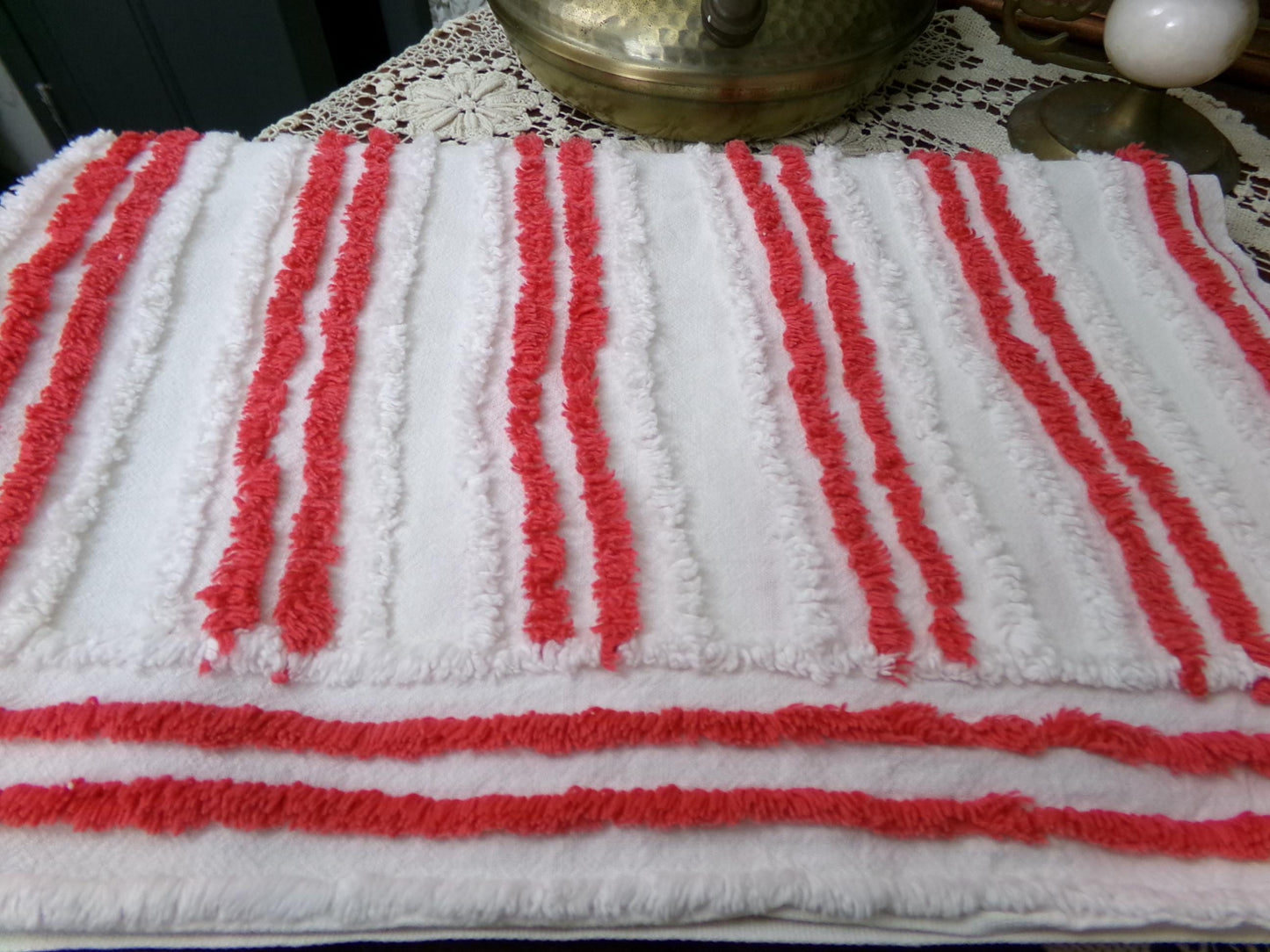 Red & White Striped Chenille Fabric, textured skinny lines craft quilt material, 17" x 27" piece