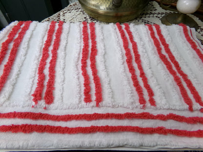 Red & White Striped Chenille Fabric, textured skinny lines craft quilt material, 17" x 27" piece