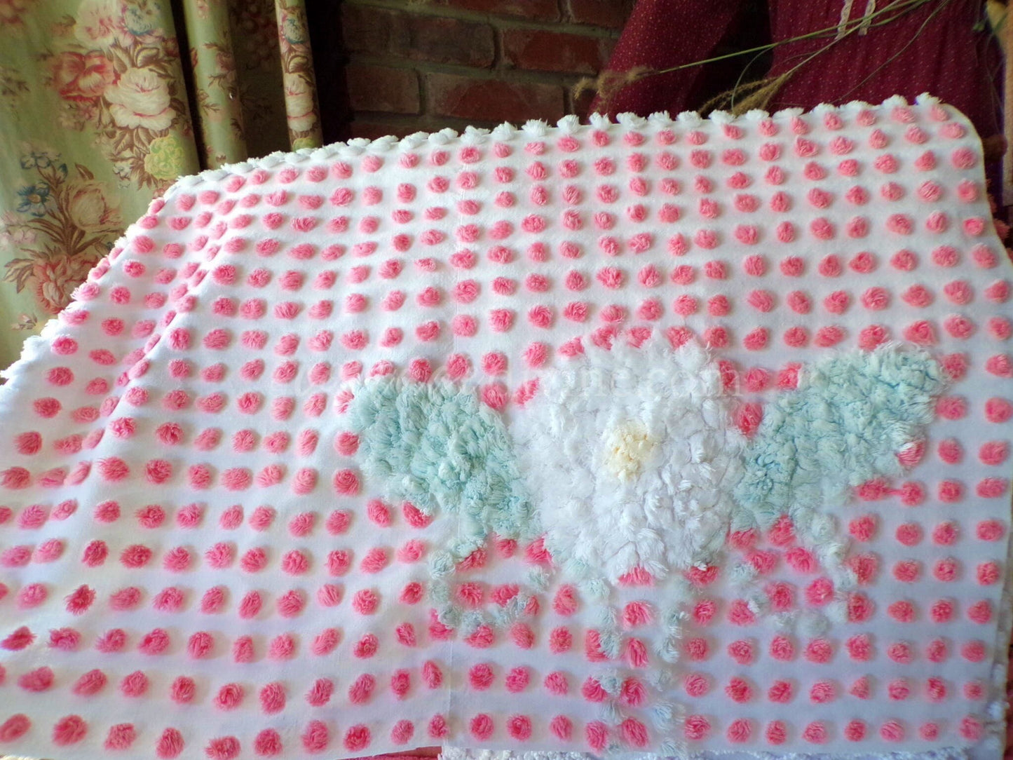 Cupcake Pink Pops Vintage Chenille Fabric, 21" x 28" inch antique handtufted floral cut piece, Beautiful in DIY Pillows