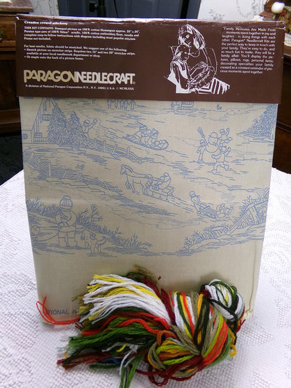 WINTER DAYS Vintage Crewel Embroidery Kit Paragon Needlecraft 0515 Whimsical Snow Scene, Adele Veres Design