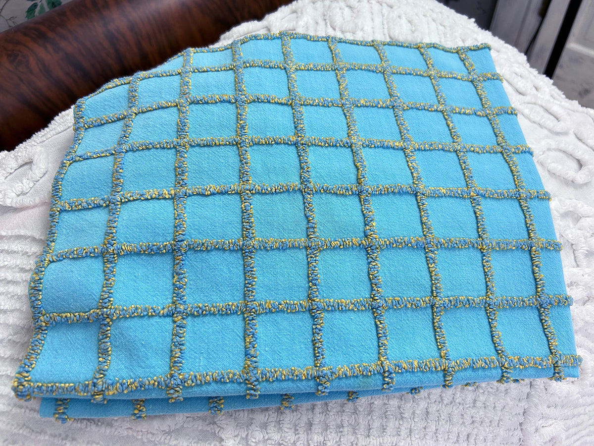 Sporty Squares Vintage Chenille Bedspread Fabric, Aqua Gold Windowpane Grid 19x23"