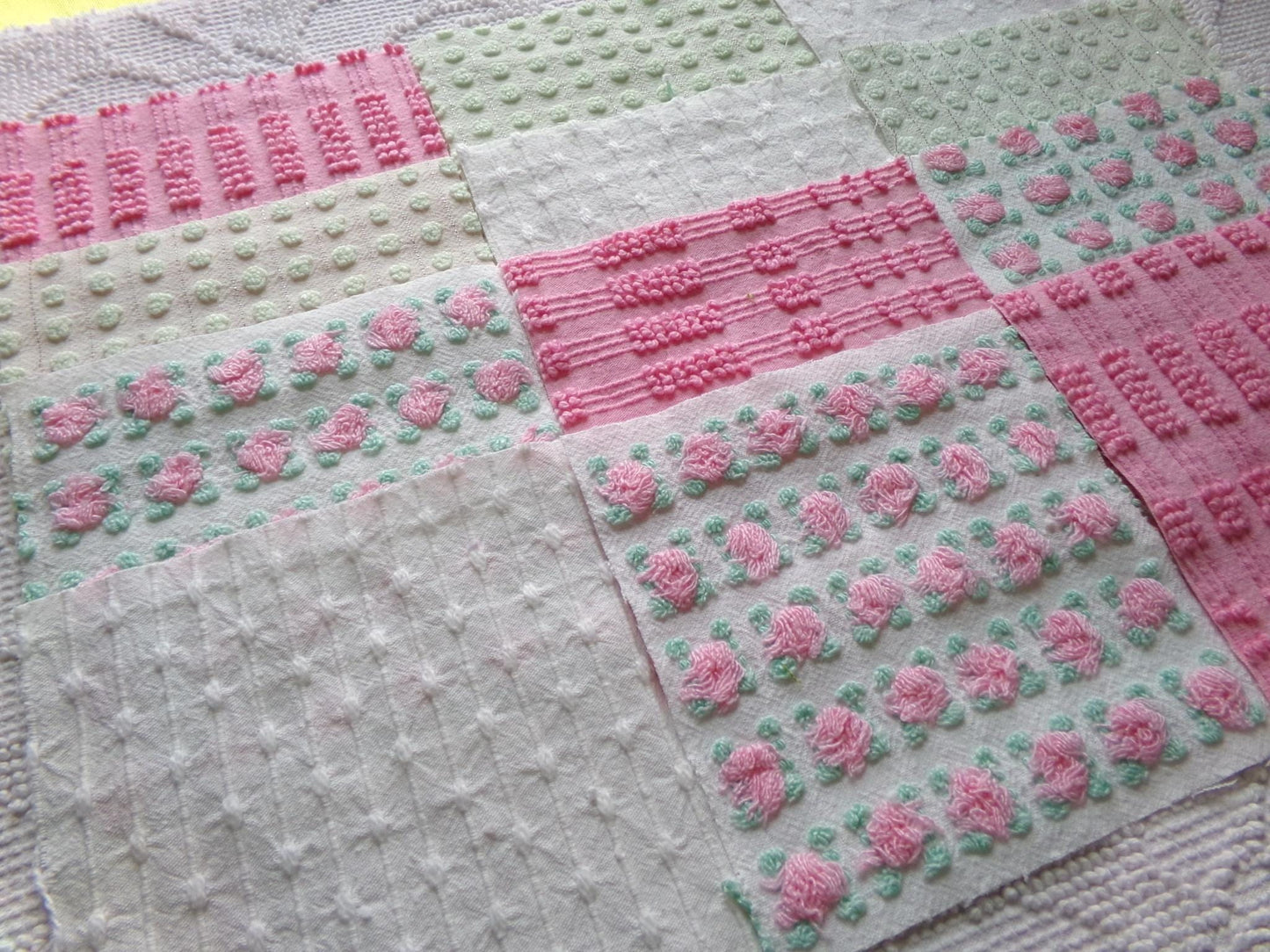 fairy girl pinks chenille fabric squares, set of 12 vintage 6" quilt blocks in crafty girl's dozen, popular squiggles, rosebud, dots