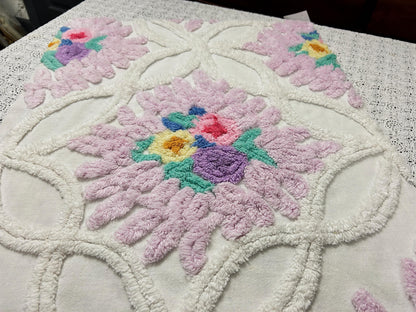 Vintage Chenille Fabric, Lavender Pink Floral Tufted 18x26" Craft Piece