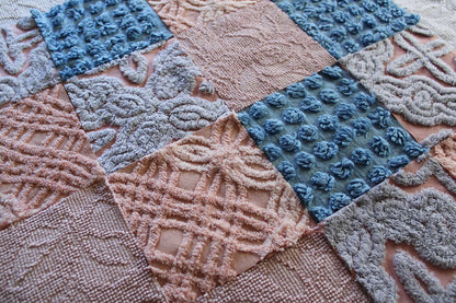 twilight melody vintage chenille fabric squares, set of 16 dreamy 6" quilt blocks, serene blue, rose mist, pink shades