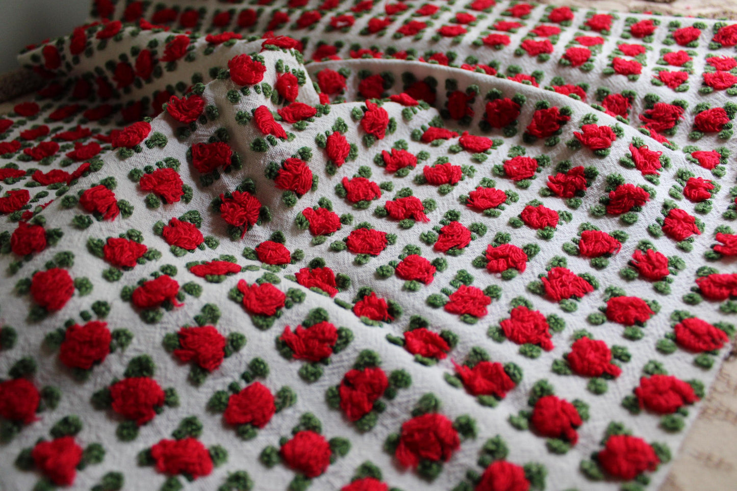 Red Rosebud Vintage Chenille Fabric, Morgan Jones Roses, 18" x 24" inch Piece