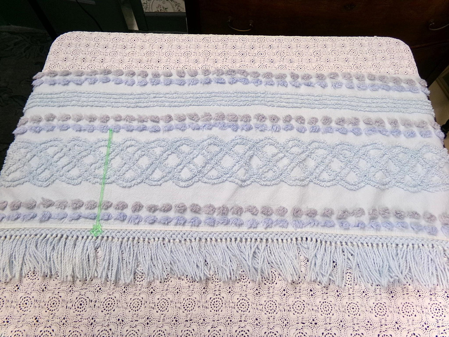 cool blue grey vintage chenille bedspread fabric boho fringe 13x36" cabin crafts