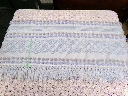 cool blue grey vintage chenille bedspread fabric boho fringe 13x36" cabin crafts