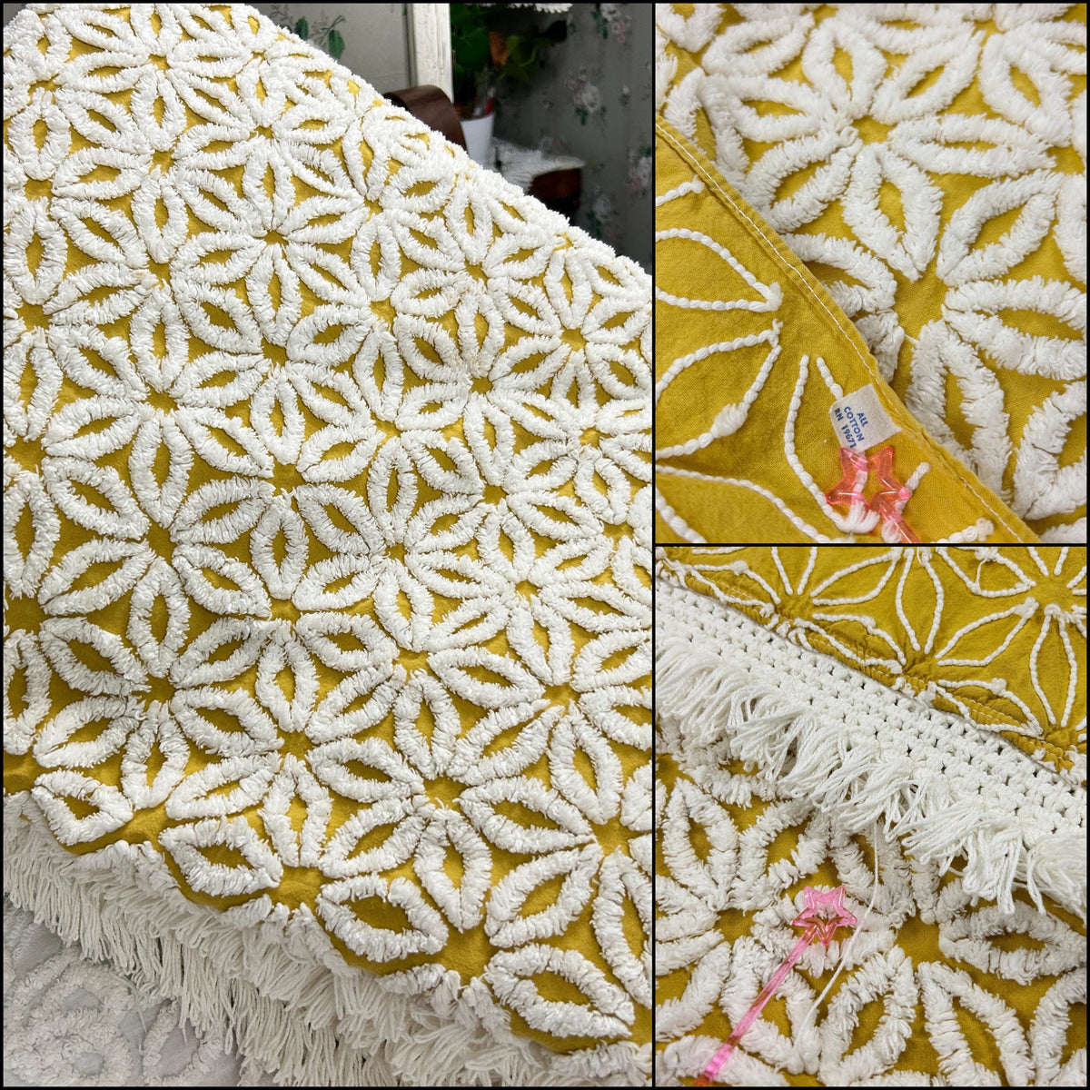 Boho Vintage Chenille Bedspread, Plush White Daisies Harvest Gold, TWIN Size