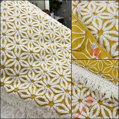 Boho Vintage Chenille Bedspread, Plush White Daisies Harvest Gold, TWIN Size