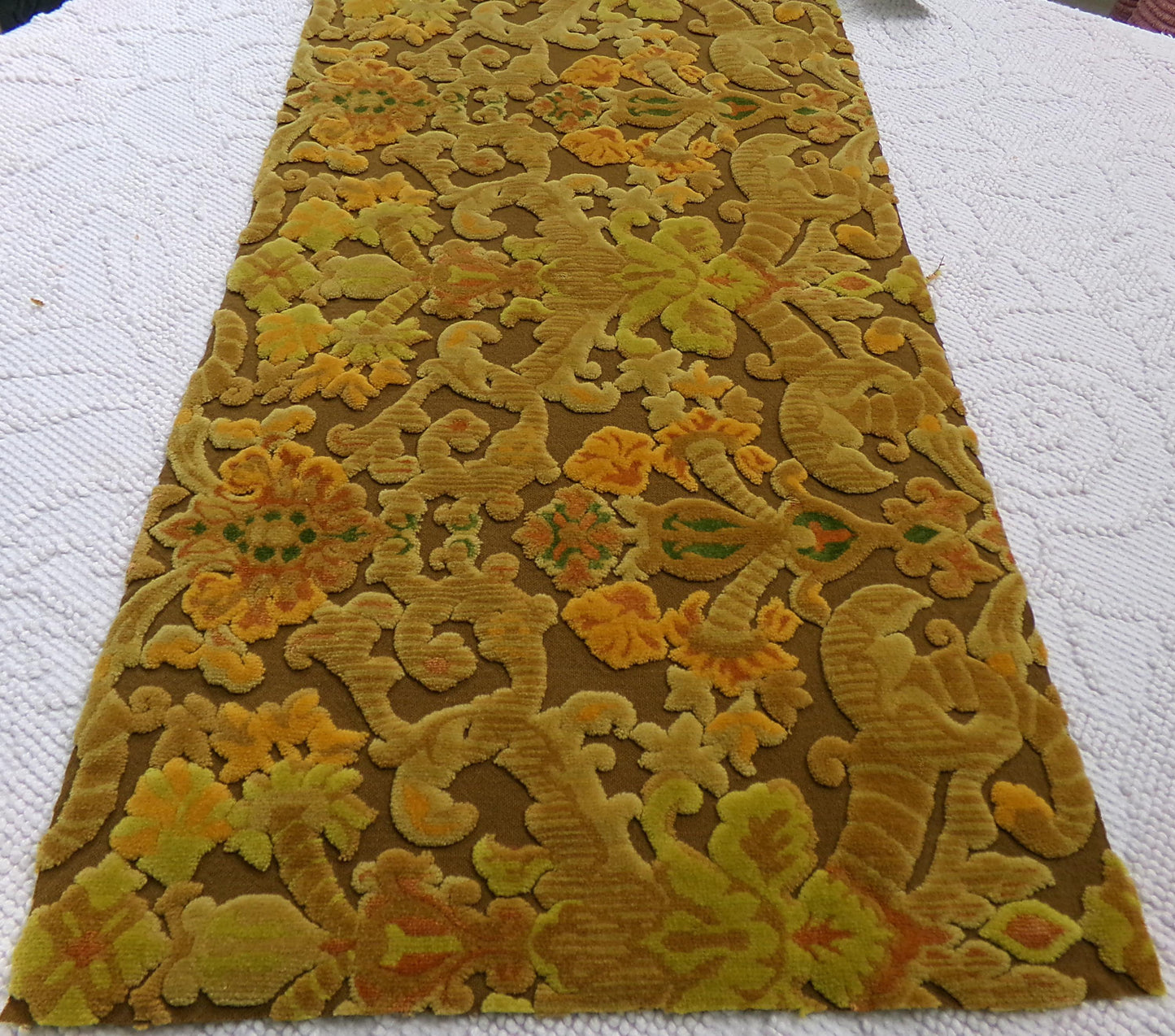 vintage cut velvet fabric, rusty coppertone boho tapestry style Bates design, 12" x 20" cut piece, for wallhanging, small bags