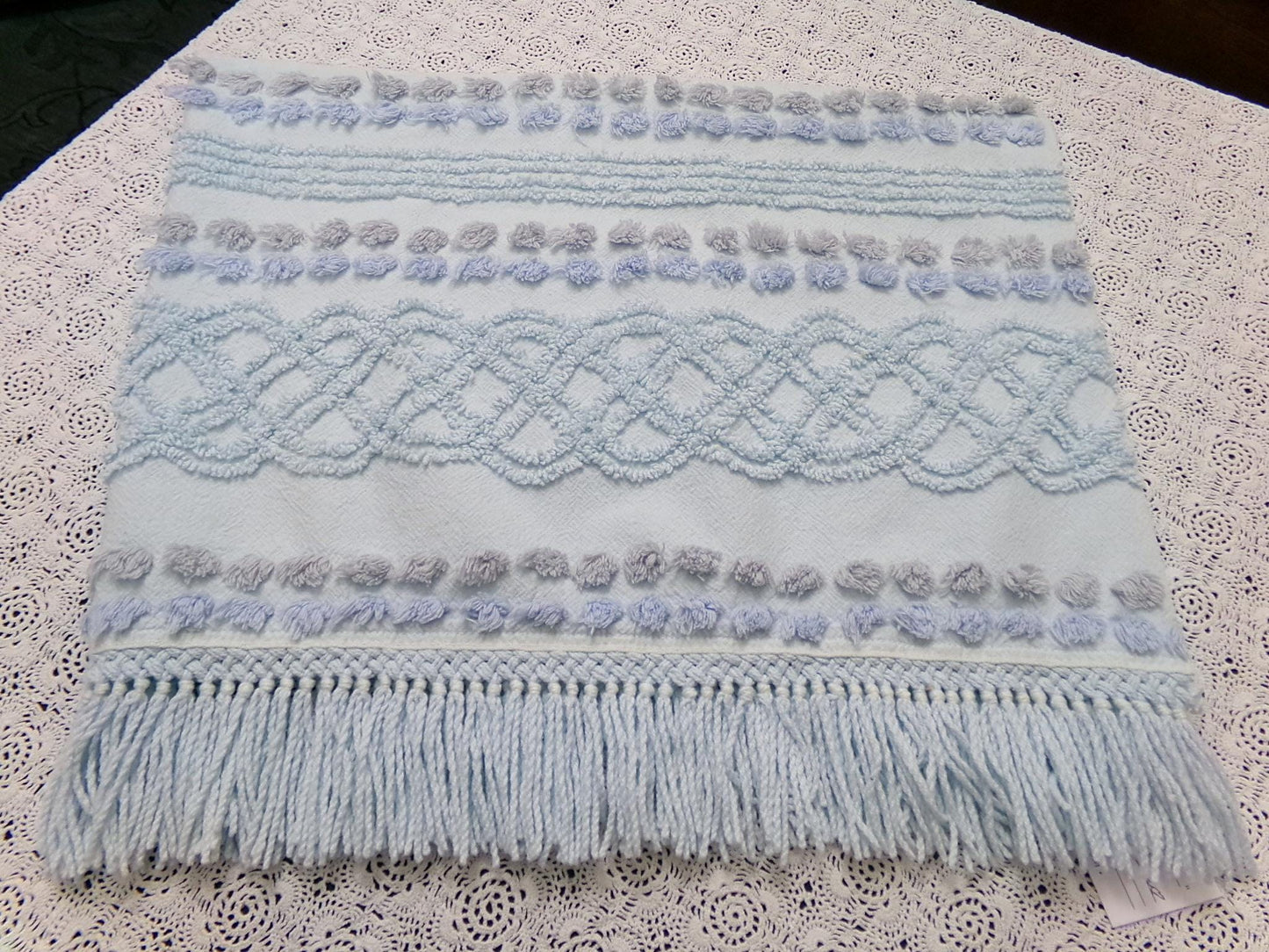 cool blue grey vintage chenille bedspread fabric boho fringe 13x36" cabin crafts