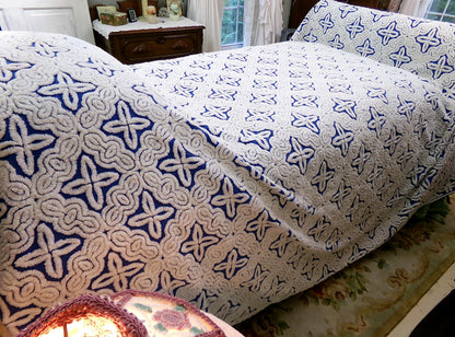 Mystic Gothic Cross Vintage Chenille Bedspread, Plush White Tufting on Cobalt Blue, 100% Cotton Luxury Full Size Bedding