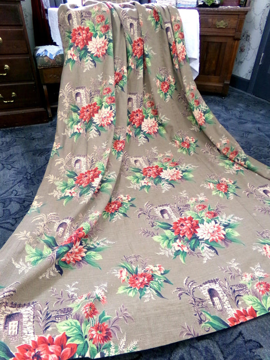 Shabby Vintage Barkcloth Drape Panel, SINGLE Window Curtain, Hidden Garden Print MCM Fabric, 82.5" L Pinch Pleat