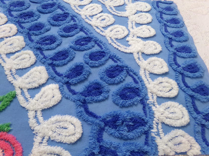 vintage shabby chenille bedspread fabric, abstract floral blue & white swirls, 14" x 22" piece