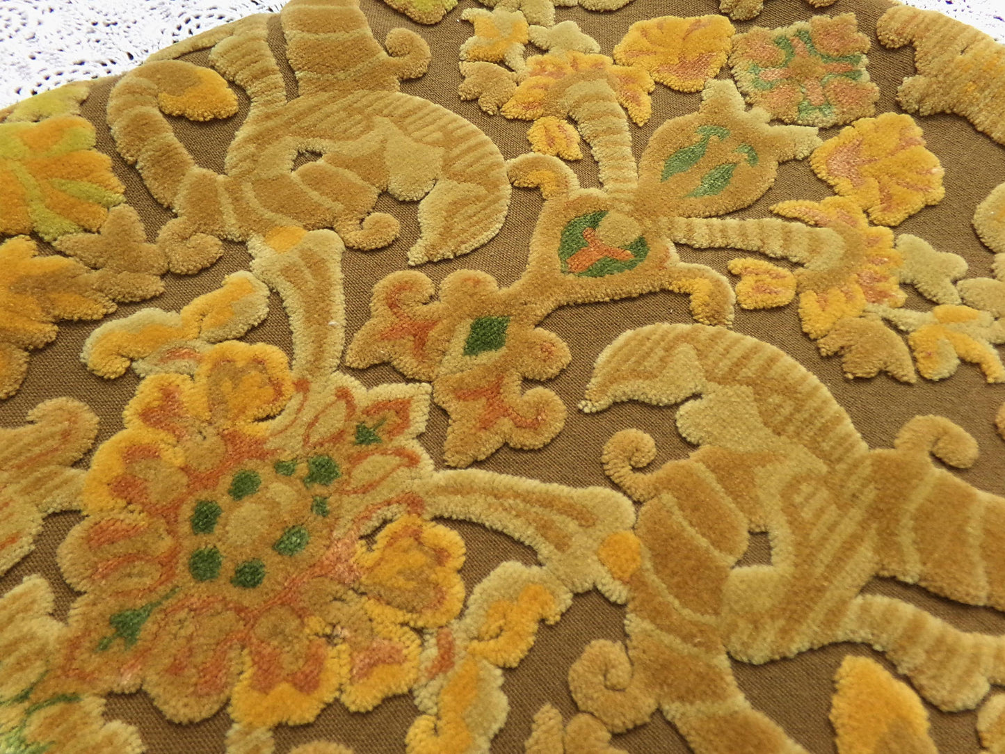 vintage Bates cut velvet fabric, earthy coppertone boho tapestry style design, 24" x 22" piece for wallhanging, small bags