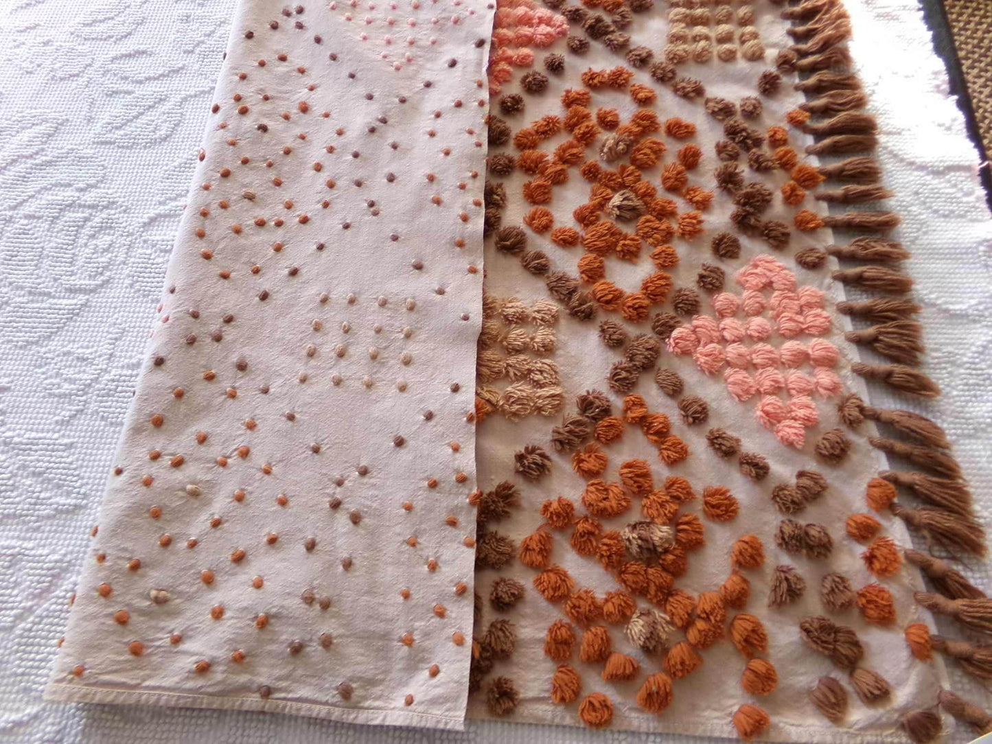 boho vintage chenille fabric, earthtones toasted brown, rust, sunset peach, 21" x 24" cut piece hippie style cotton sewing material