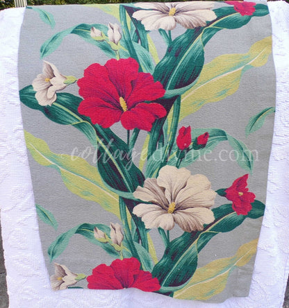 Vintage Botanical Barkcloth Fabric Piece, Salvaged MCM Tropical Hibiscus Print, 18" x 28" for upcycle, sewing, crafts