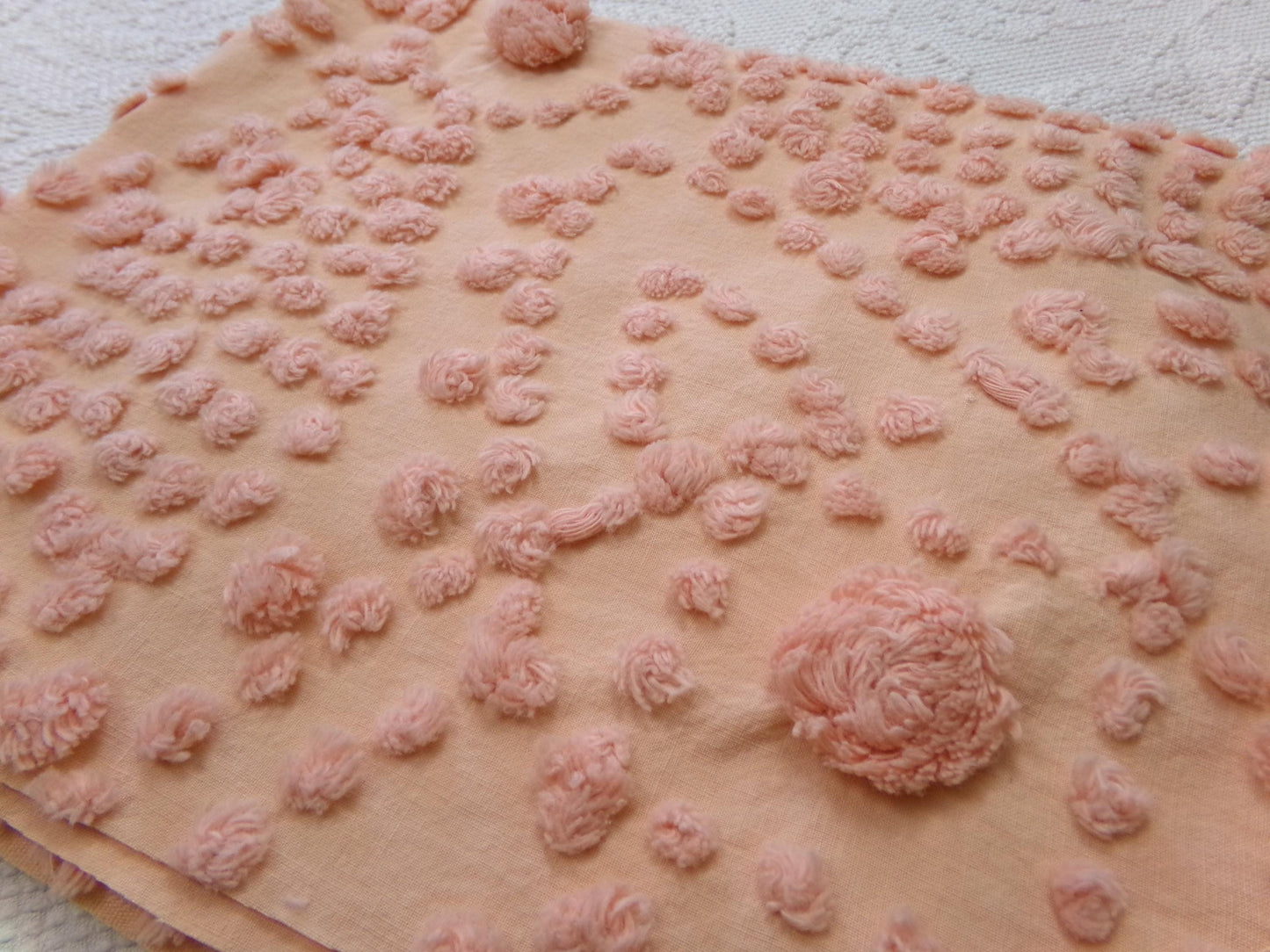 cosmic sunrise vintage chenille fabric, handtufted sun pops, 20" x 23" piece of peach antique sewing & quilt material