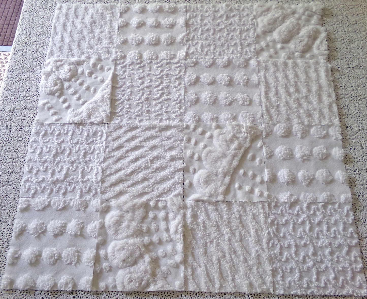snow bunny vintage chenille fabric squares, 16 vintage white 6" quilt blocks w/ pops, squiggles, diamond lattice & swirls