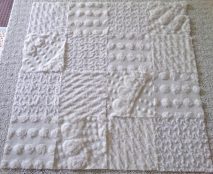 snow bunny vintage chenille fabric squares, 16 vintage white 6" quilt blocks w/ pops, squiggles, diamond lattice & swirls