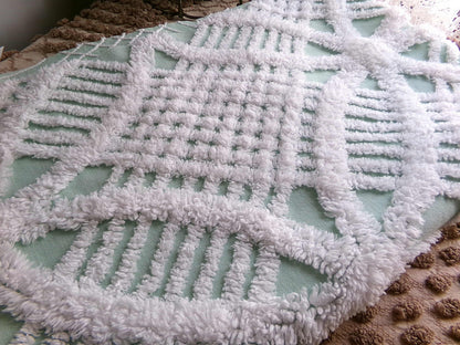 Mint Green Vintage Chenille Quilt Fabric, 21" x 30" inch Piece, White Geometric Wedding Ring Pattern
