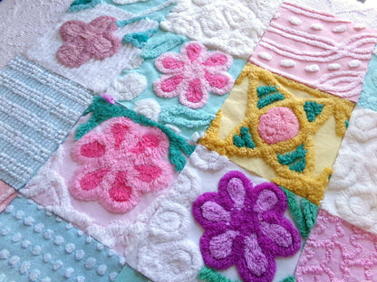 funky flowers 6" chenille squares, colorful mixed set of 16 quilt blocks rotary cut from vintage chenille bedspread fabrics