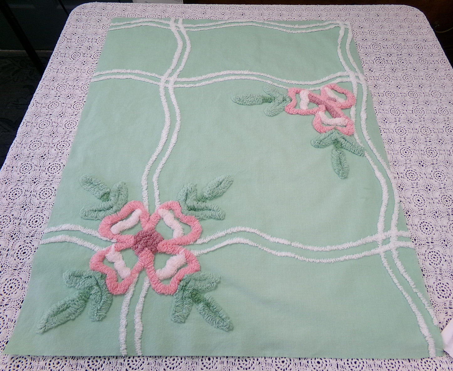 Shabby Soothing Green Vintage Chenille Fabric, Pink Rose Florals, 20 x 27"