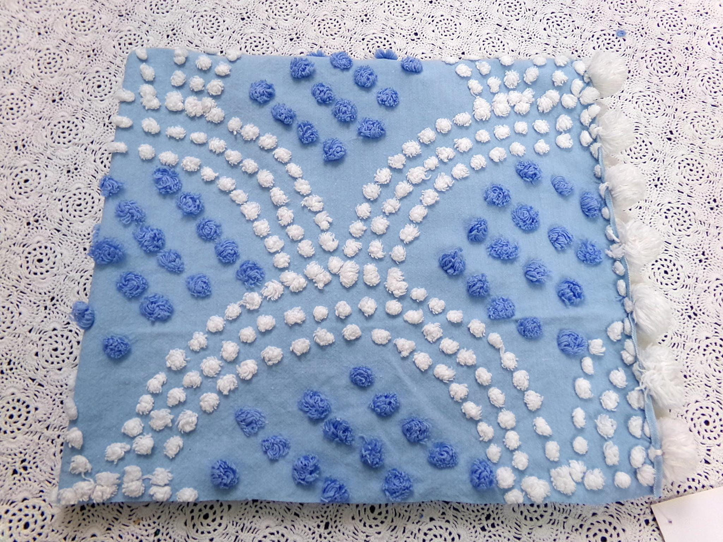 Blue Shell Scallops Vintage Chenille Bedspread Fabric Coastal Pops 24x26"