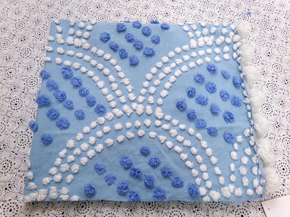 Blue Shell Scallops Vintage Chenille Bedspread Fabric Coastal Pops 24x26"