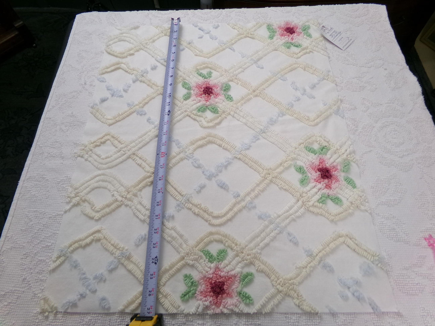 romantic cottage vintage chenille fabric, shabby floral sewing material, 20" x 26" piece