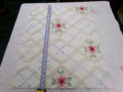 romantic cottage vintage chenille fabric, shabby floral sewing material, 20" x 26" piece