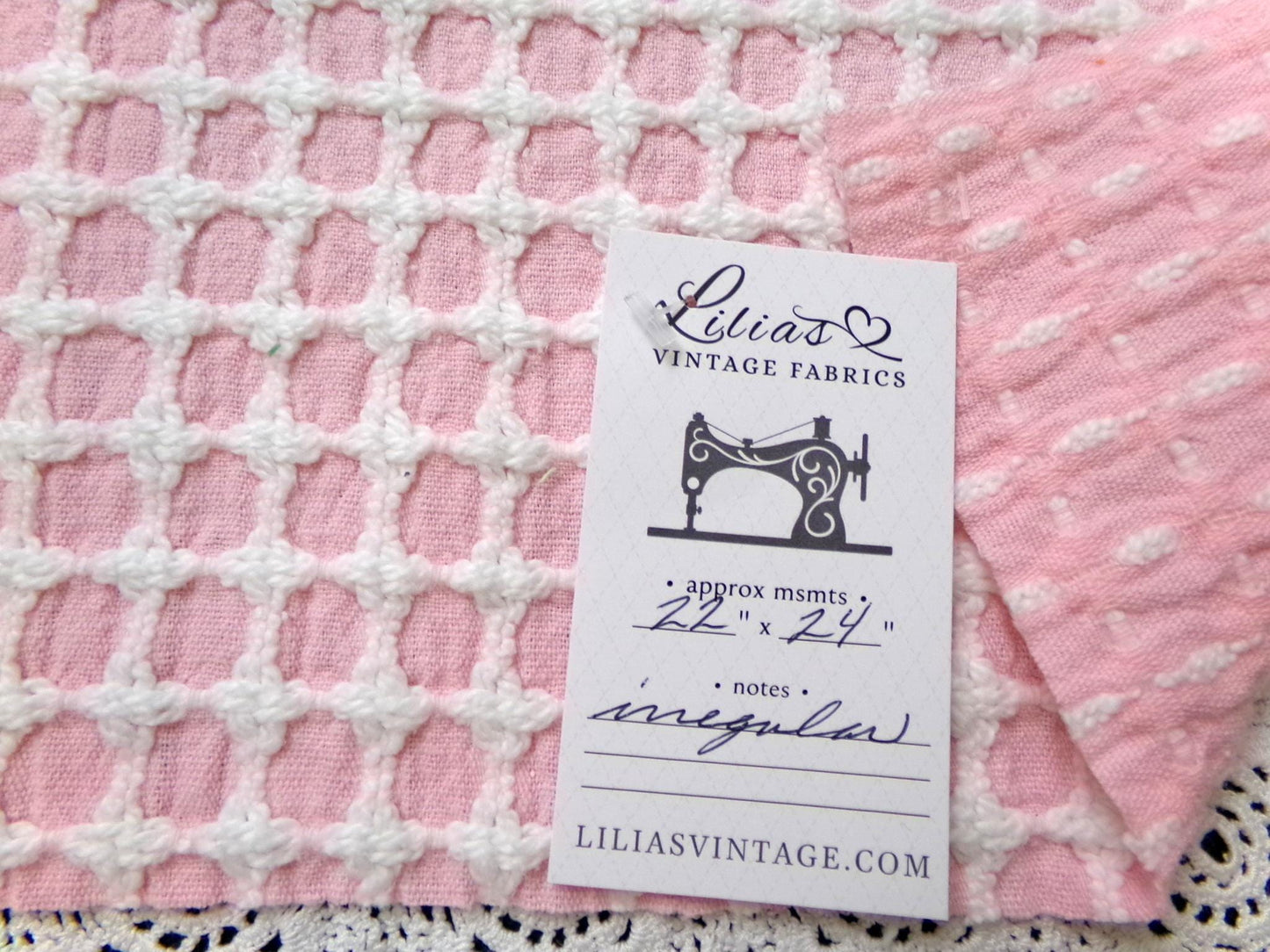 Carnation Pink White Vintage Woven Chenille Fabric Lady Galt Honeycomb Cross 22x24"