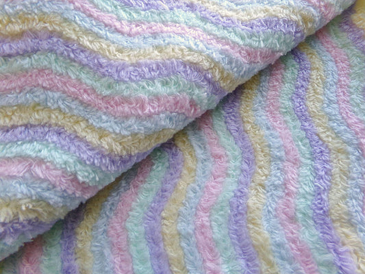 Vintage Pastel Rainbow Chenille Fabric Piece, Ripple Wave Stripes, 12x28" Quilt Material
