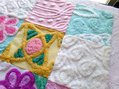 funky flowers 6" chenille squares, colorful mixed set of 16 quilt blocks rotary cut from vintage chenille bedspread fabrics