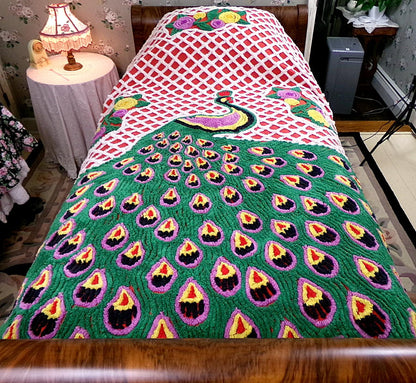 Vintage Chenille Bedspread Sprawling Red Peacock, Green Feathers & White Lattice, Full