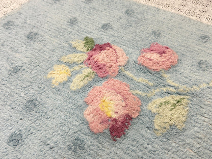 Small Vintage Chenille Rug, Pink Roses & Dots Blue 16" x 24" Accent Mat / Wall Hanging