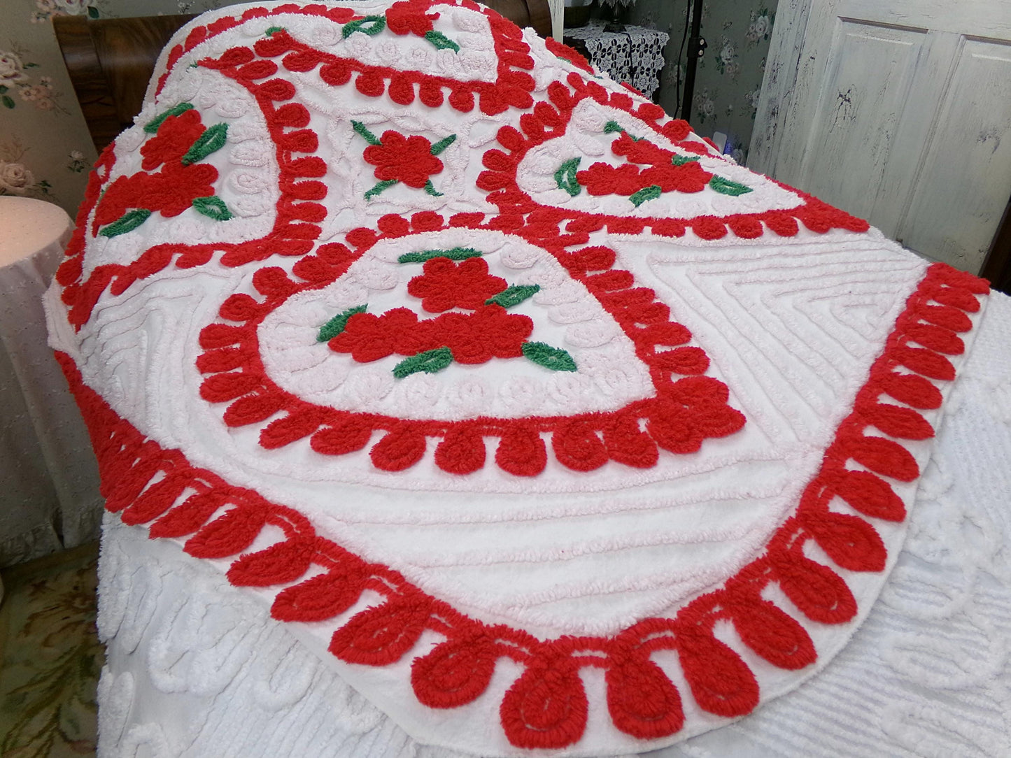 Vintage Chenille Bedspread - Red & White Hearts - Romantic Shabby Chic Cottage Decor - Full Size Bedding