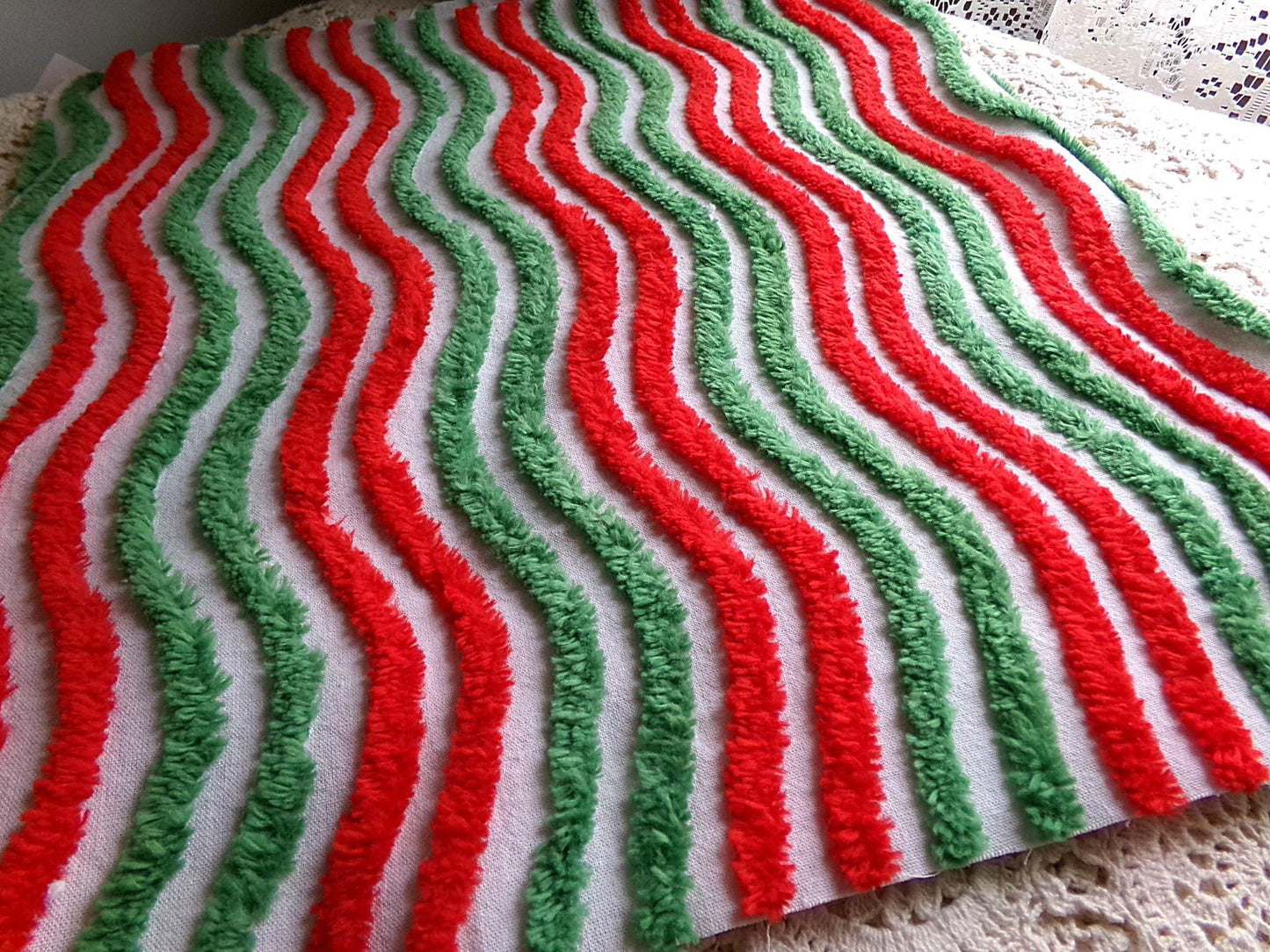 red & green ripple striped chenille fabric, festive vintage sewing material for Christmas stockings, holiday crafts, 15" x 28" inch piece