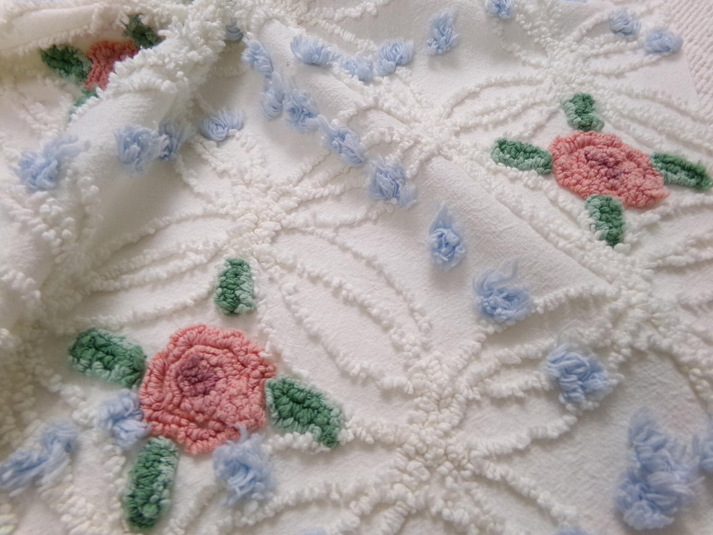 Pink Roses in Winter Vintage Chenille Bedspread Fabric, Romantic 22" x 20" Piece Sewing Material