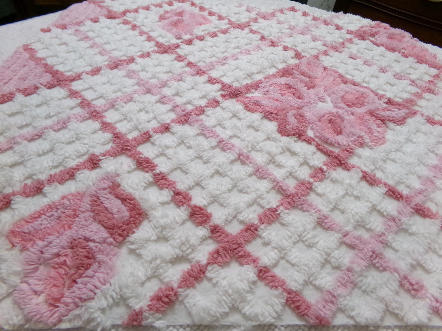 pink & white vintage chenille fabric, geometric rose floral design, 23" x 26" piece sewing material
