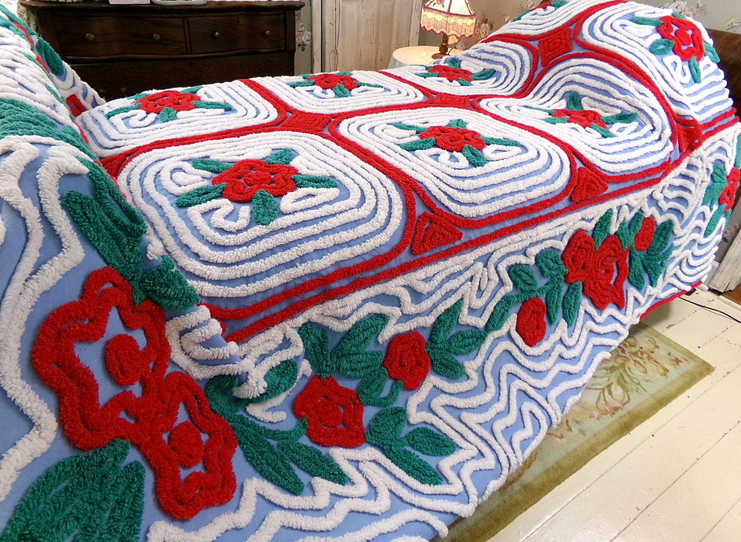 midnight in a garden of roses vintage chenille bedspread, red flowers on starry blue with white swirl tufting, full size bedding