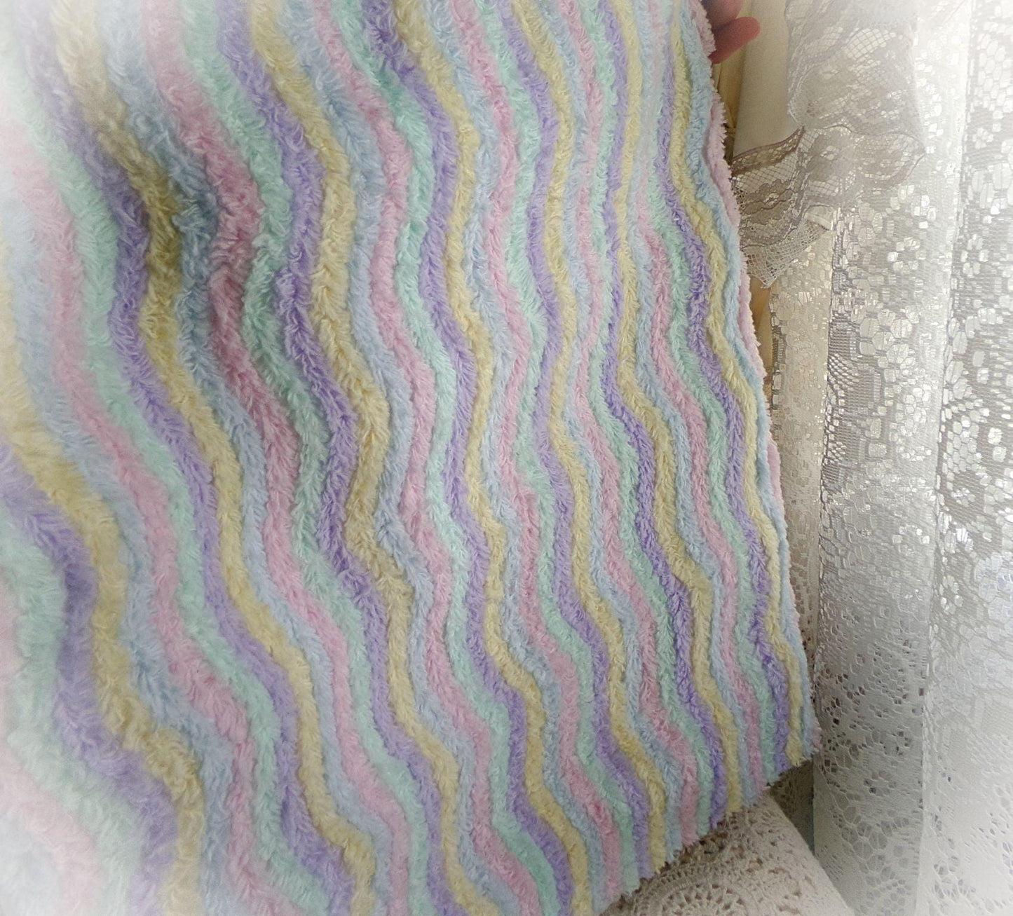 Vintage Pastel Rainbow Chenille Fabric Piece, Ripple Wave Stripes, 12x28" Quilt Material