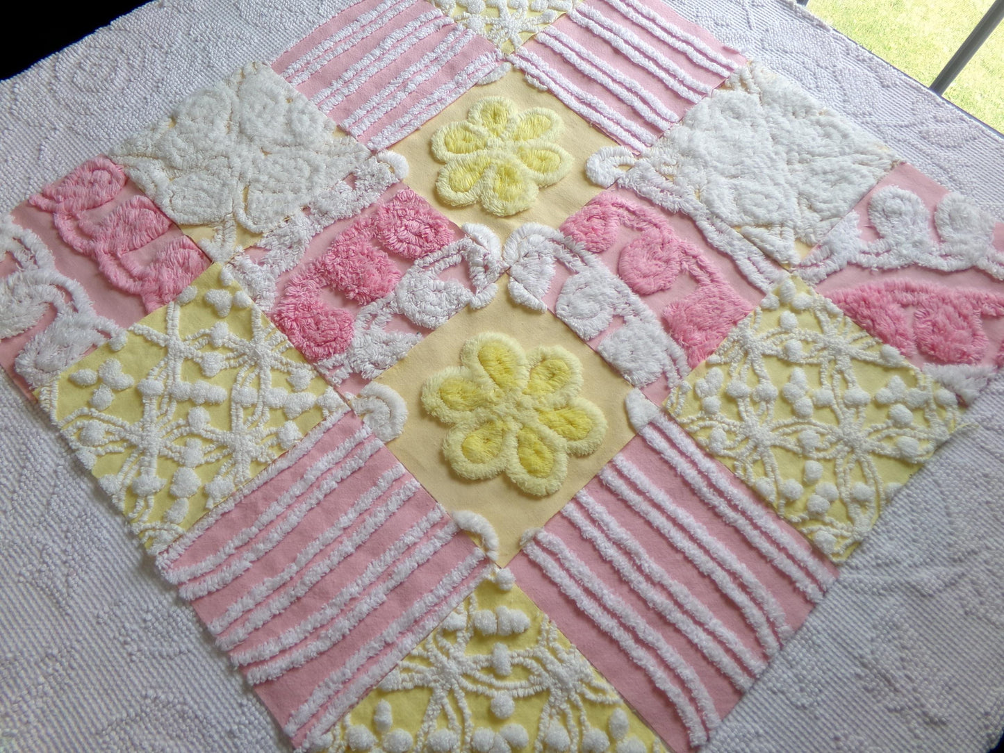 vintage chenille fabric squares, "sunshine smiles" set of 16 pink & yellow floral 6" quilt blocks for quilting, crafts, sewing