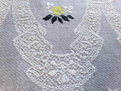 starlight silver swag vintage woven fabric piece, white lace designs, cool grey, chartreuse rose florals, reversible Bates design, 22" x 27"