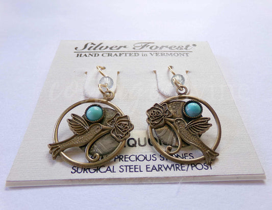 Hummingbird Rose Pierced Dangle Earrings, Turquoise Accent Vintage Style Silver Forest Vermont Boho Design
