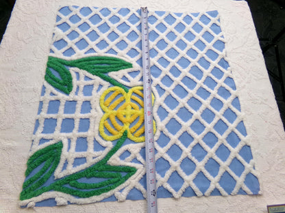 Vintage Blue Chenille Fabric, Yellow Flower on White Terrace Tuft, 22" x 23.5" Piece Sewing Quilt Material